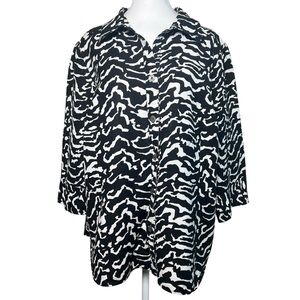 EAST 5TH Linen Blend Black & White Zebra Animal Print Button Down Blouse Plus 2X
